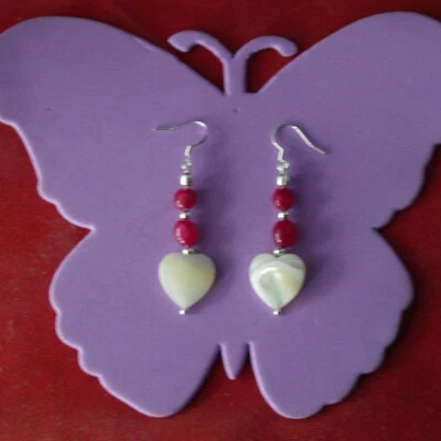 Earrings With Indian Ruby & Heart Mother Of Pearl 4.3 Cm. Long + Hooks - Image 1 of 4