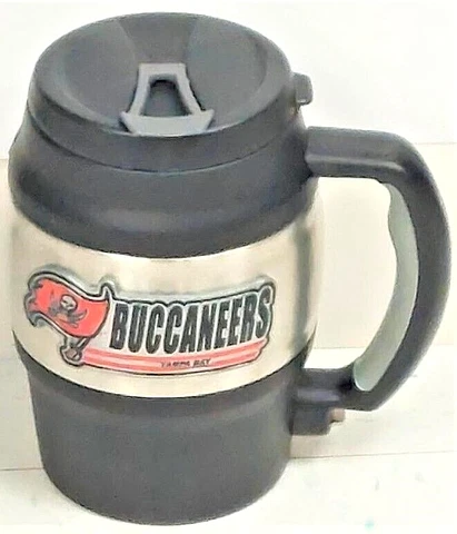 Tampa Bay Buccaneers Insulated Barrel Travel Mug with Handle and Bottle Opener Cover