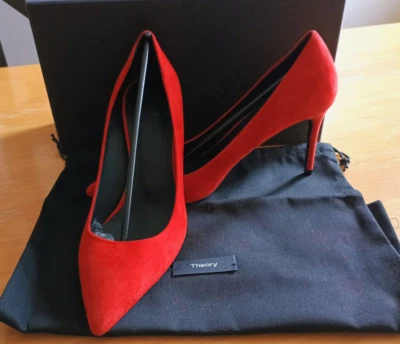 $355 NIB Theory Braxia Pump Red Suede Pointed Toe 3.5" Heel Made Italy 37 US 7 - Image 1 of 4