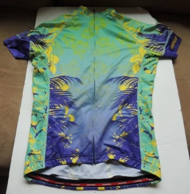 Jersey de ciclismo feminino JAKROO corte fino médio ajuste azul verde tropical bolsos traseiros - Imagem 1 de 4
