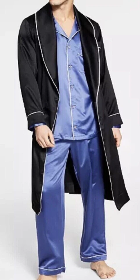 INC Hombres Bata de Satén Nueva L/XL Negra Blanca Pipa Ropa de Dormir Ropa de Salón Traje de Noche Foto 1 de 1