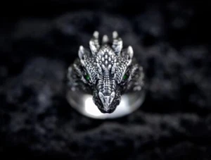 Anillo de regalo de aniversario con diseño de cabeza de dragón único para hombre en plata 935 Argentium - Imagen 1 de 9