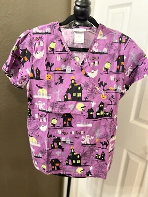 Scrubstar Size XS V-neck Scrub Top Purple Halloween Trick or Treat  Cotton - Image 1 of 2