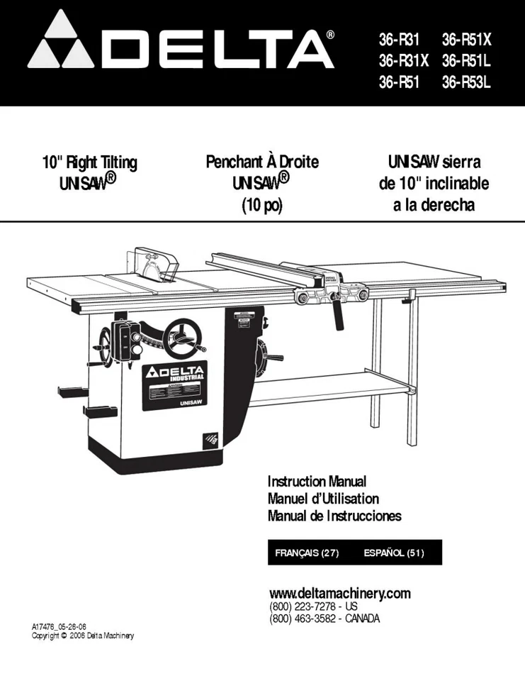 Delta 36-R31 R31X R51 R51X R51L R53L Right Tilting Unisaw Instruction Manual - Image 1 of 1