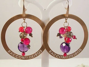 Pendientes Mujer Plata Baño Oro Rosa Con Amatista Perlas Cuarzo Fresa Y Humo - Imagen 1 de 1