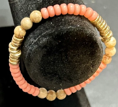 Simple 3” Bohemian Stretch Bracelet Coral & Natural Colored & Brass Beads - Image 1 of 3