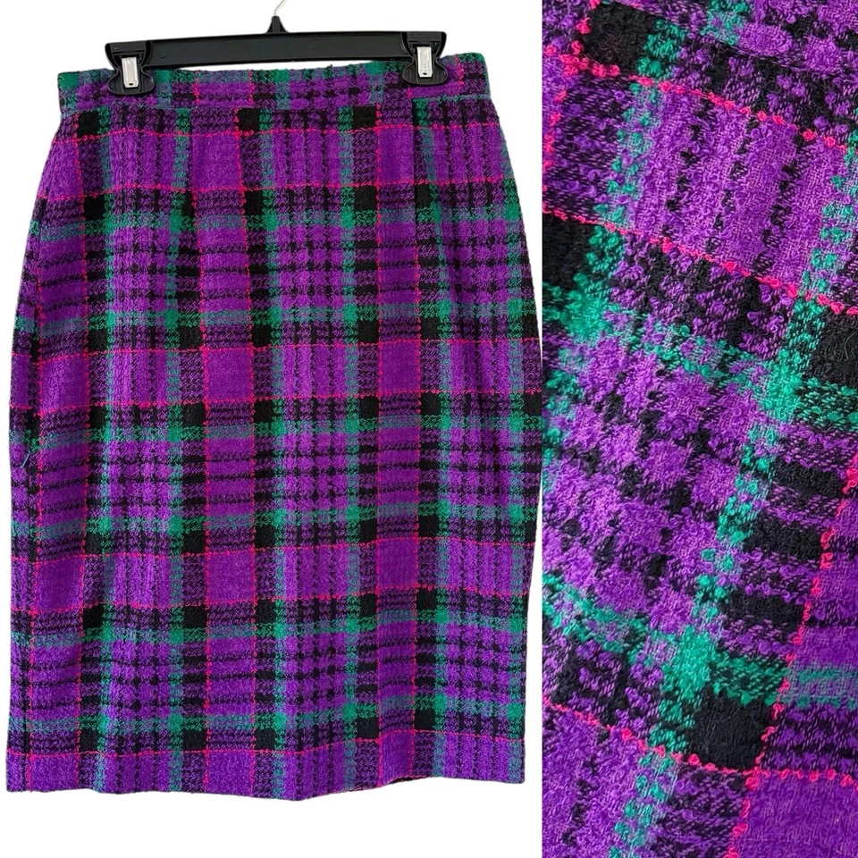 Vtg Wool Blend Tweed Plaid Pencil Skirt Women 12 Colorful Multicolor Academia - Image 1 of 4