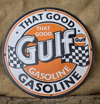 VINTAGE “THAT GOOD GULF “GASOLINE PORCELAIN GAS PUMP MOTOR OIL SIGN 12". - Image 1 of 4