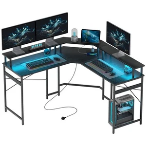 HOMCOM L Shaped Desk Corner Computer Desk with Monitor Stand, Black - Picture 1 of 9