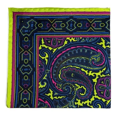 Cuadrado de bolsillo de seda cachemira verde neón y azul marino (enrollado a mano en Inglaterra) Foto 1 de 4