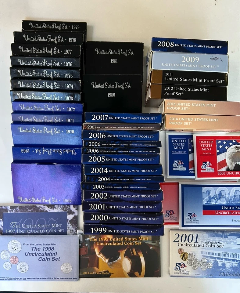U.S Mint Proof %  Uncirculated Coin Proof Sets, Lot of 38  1968-1981: 1997-2014 - Image 1 of 1