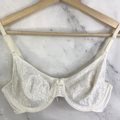 Vintage 90s Bra Sz 36C White unlined mesh Underwire Retro Satin & Lace bride - Image 1 of 4