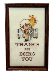 Vtg Cross Stitch Girl Bonnet Flowers Wood Frame THANKS FOR BEING YOU Friend Gift - Picture 1 of 9
