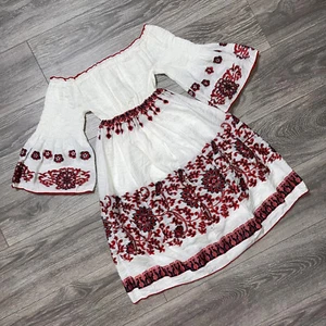 Chelsea and Violet Embroidered Floral Dress Red White Boho Peasant Bell Sleeve S - Picture 1 of 12