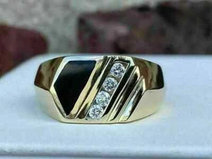 1.50 Ct Round Cut Real Moissanite Men's Wedding Band Ring 14K Yellow Gold Finish - Picture 1 of 3