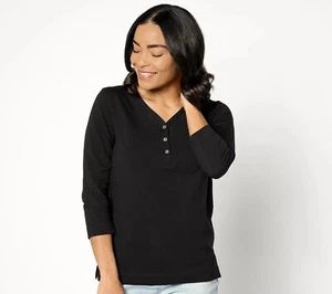 Top Henley Cuddl Duds Cottonwear + manga codo negro talla mediana (M) A630219 - Imagen 1 de 2