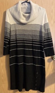 Dressbarn Women Knit Sweater Dress Sz Lg, Long Sleeve Mid Black/Creme StripeCowl - Picture 1 of 2
