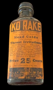 vintage medicine bottle KO RAKE 8 way mixture head colds throat irritation - Picture 1 of 17