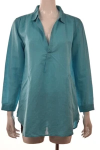 Top de mujer Tizzie talla XS azul agua liso túnica camisa lino manga larga - Imagen 1 de 4