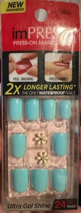 Impress Gel Manicure Press on Nails Short Aqua blue w/ flower gem - Picture 1 of 1