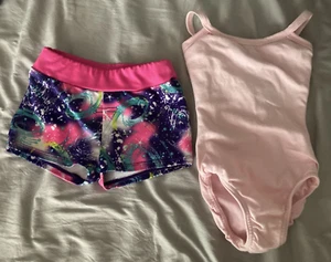 Lot of 2 Danskin Freestyle Dance Gym Short 4/5 Pink Purple Stretch Pink Eurotard - Picture 1 of 19