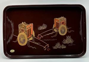 Japanese Kanji Wood Gold Lacquer Tray Imperial Carriages Dark Wood Kitchen 19" - Picture 1 of 10