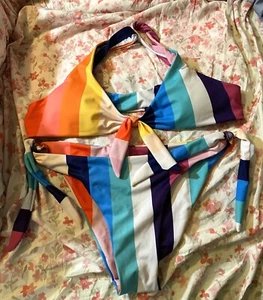 Women's Rainbow Stripe Tie Bikini Set - Multicolor- Size S padded top - preowned - Picture 1 of 3