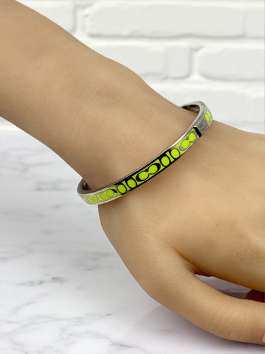 Bracciale Coach Sottile Firma C Verde Neon Giallo Argento Placcato Confezione Regalo