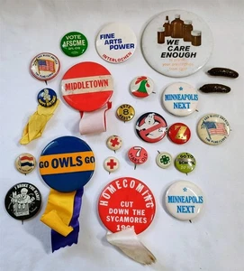 Mixed Vintage Pin Pinback Lot USA Flag Patriotic Heinz Pickle Go Owls Go etc - Picture 1 of 9