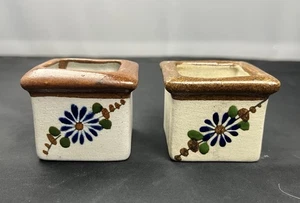 Pair Of Tonala Mexican Pottery Salt Dips Cellars Hand Painted Floral Vintage - Picture 1 of 8