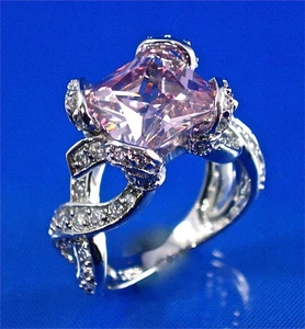PLATA ESTERLINA LUJOSO CORTE PRINCESA ROSA CIRCONITA Y BLANCO CZ CINTA LAZO ANILLO - Imagen 1 de 5