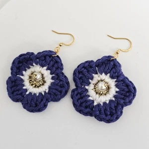 Dark Purple Cotton Crochet Flower with Pearl - Gold Plated Earrings - Picture 1 of 2
