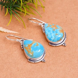 Copper Blue Turquoise Gemstone 925 Sterling Silver Jewelry Earring, Gift For Her - Picture 1 of 4