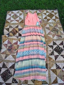 Filly Flair Maxikleid Damen Größe Medium türkis pink Chevron Hippie Gypsy Resort - Bild 1 von 8