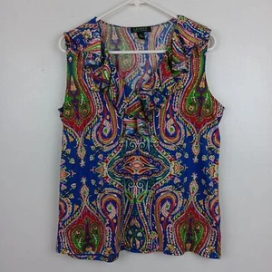 Lauren Ralph Lauren royalblau Paisley Rüschen Ausschnitt ärmelloses Tanktop Größe 1X - Bild 1 von 6