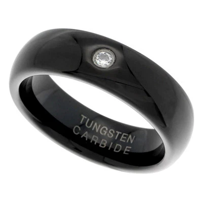 6mm Black Tungsten Domed Comfort Fit Wedding Band Ring w/ CZ Stone - Image 1 of 2