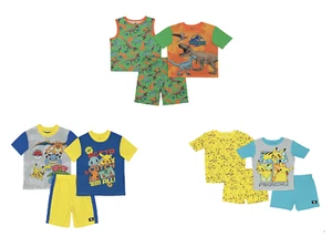 New Boys Pokemon Pikachu and Dinosaur Tops & Shorts Pajama 3-piece Set 6 8 10 12 - Picture 1 of 7