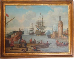PINTURA AL ÓLEO "VISTA CIUDAD PORTUARIA" INGLATERRA/IRLANDA ALREDEDOR DE 1800 - Imagen 1 de 5