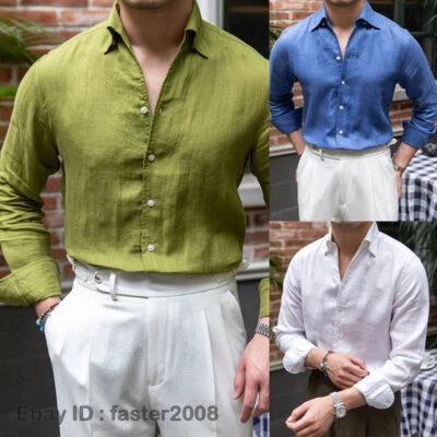 Мужская летняя 100% льняная рубашка с длинными рукавами дышащая повседневная тонкая британская рубашка - Изображение 1 из 4