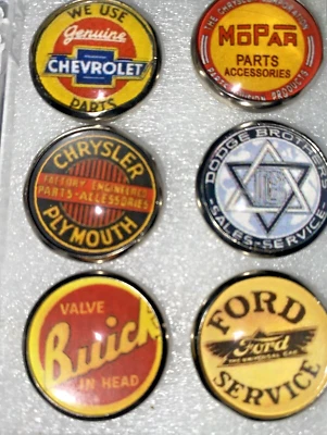 Set of 6 Handmade Glass Dome Vintage Auto Logo  (6 different) Picture Buttons #2 - Image 1 of 4