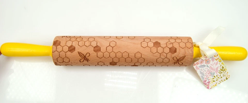 The BakeShop by Masterclass Bee Embossed Yellow Wood Handled Rolling Pin - Image 1 of 4
