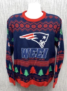 Mens Blue/Red WEEI Sports Radio Crewnwxk CHRISTMAS Sweater Size L PATRIOTS - Picture 1 of 6