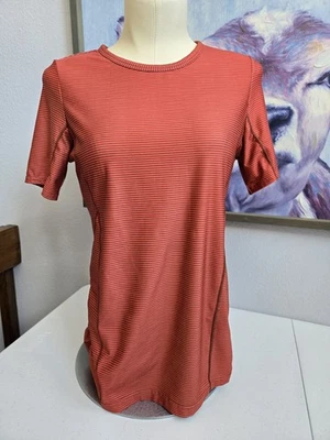 Prana Women's XS Burnt Orange Striped Drawstring Sides Short Sleeve Active Shirt - Image 1 of 4