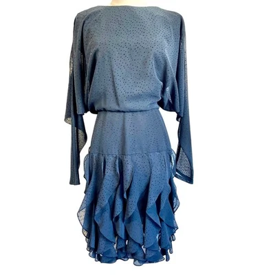 Vintage 80’s Black Sparkly Swiss Dot Long Dolman Sleeve Ruffled Dress XS-S  - Image 1 of 4