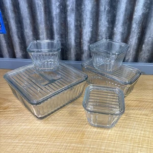 5er Set Vintage Anchor Hocking 1932 geripptes Glas Kühlschrank Geschirr bedeckt Aufbewahrung - Bild 1 von 14
