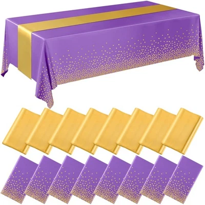 16 Pcs Purple and Gold Disposable Plastic Tablecloths and Satin Table Runner ... - Image 1 of 4