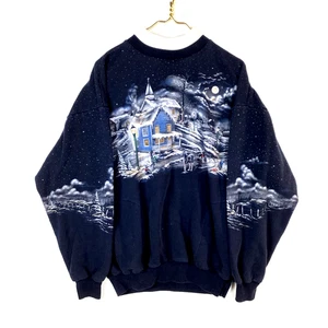Vintage Winter Scene All Over Print Sweatshirt Crewneck Size XL Blue Made In Usa - Picture 1 of 4