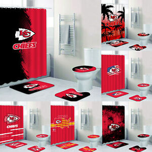 Kansas City Chiefs 4PCS Bathroom Shower Curtain Sets Bath Mats Toilet Lid Cover
