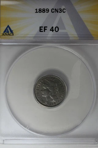 1889  .03  ANACS  EF 40  Three Cent Nickle, Liberty Three Cent Piece Cover