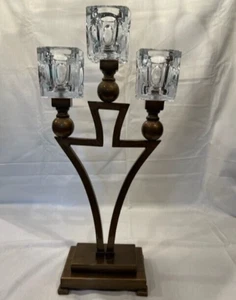 Austin Candelabra Clear Glass Candle Holders Metal Base Antique Brass Finish Vtg - Picture 1 of 7